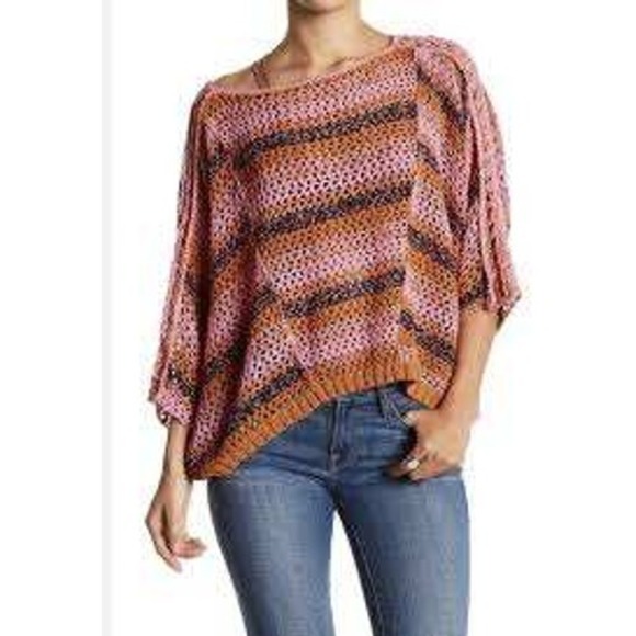 Free People Sweaters - Free People Poncho Sweater Womens S Pink Striped Boho Crochet Open Knit Cropped